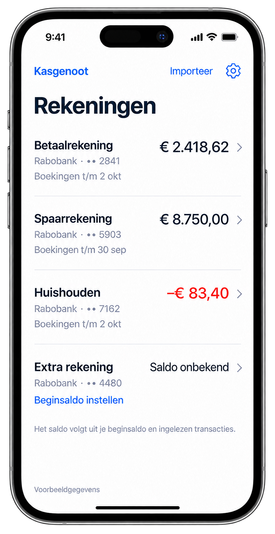 Ontwerp van Kasgenoot op een iPhone: een open overzicht met rekeningnamen, saldi en een rekening waarvan het beginsaldo nog moet worden ingesteld. Alle gegevens zijn fictief.